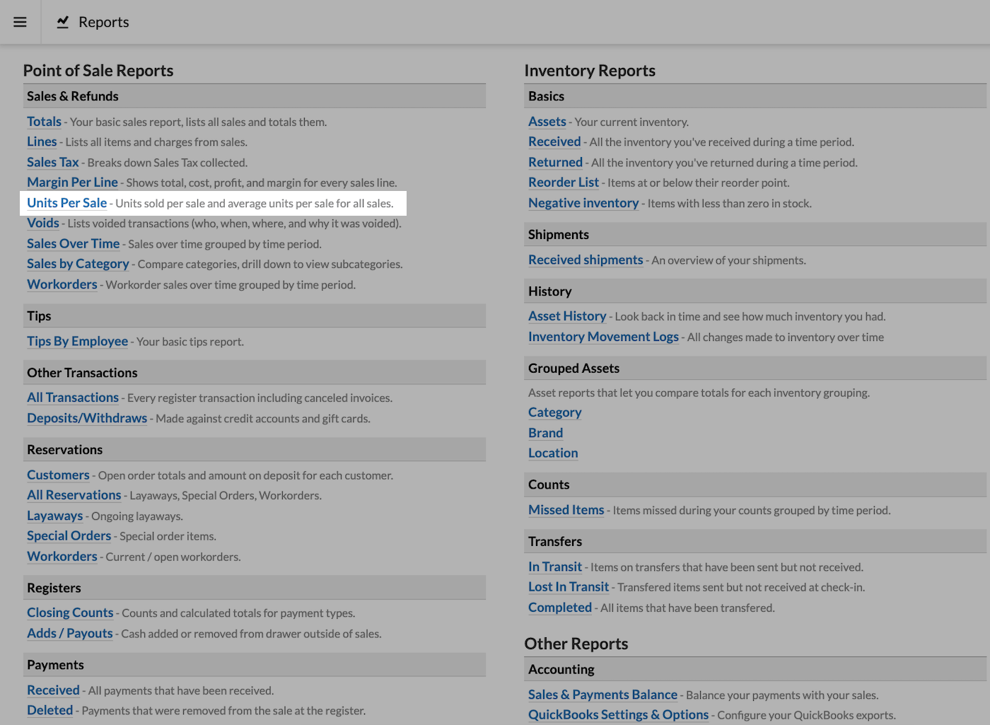Reports page with Units Per Sale emphasized.