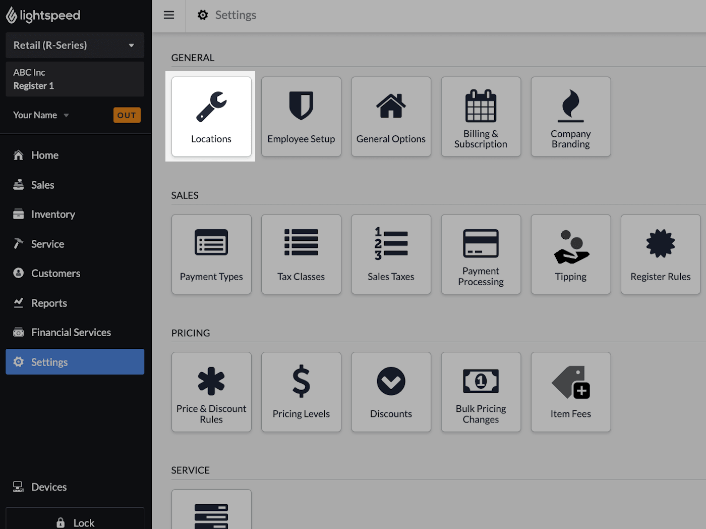 Settings page with Locations emphasized.