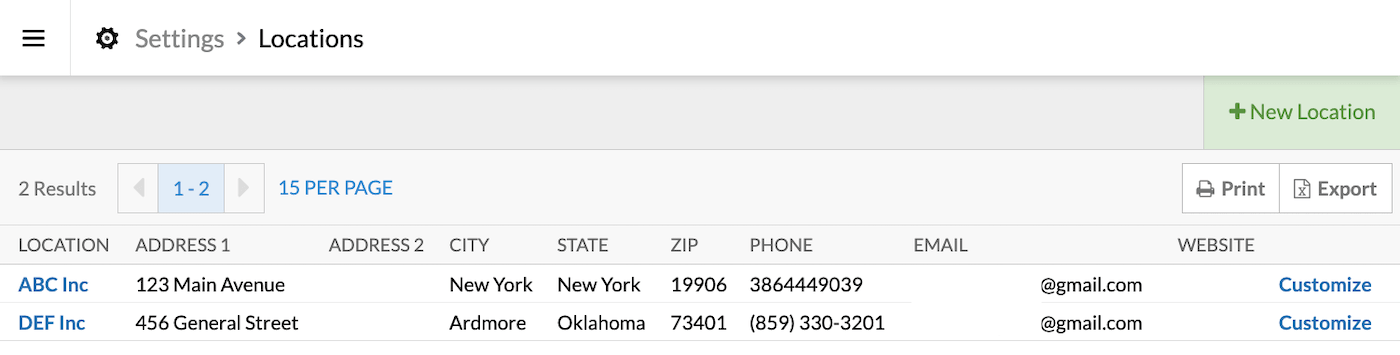 List of locations with + New Location button displayed.