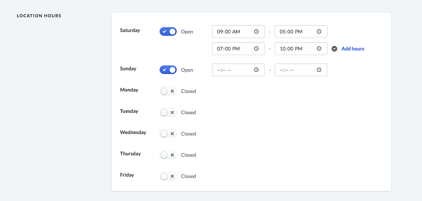 Location hours section with toggles for each day the location is open and options to specify open hours.