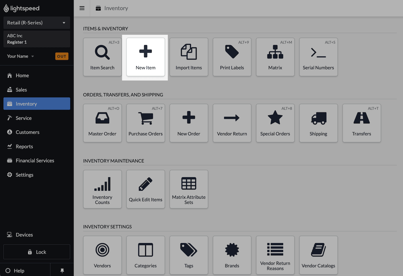 Inventory page with New Item emphasized.