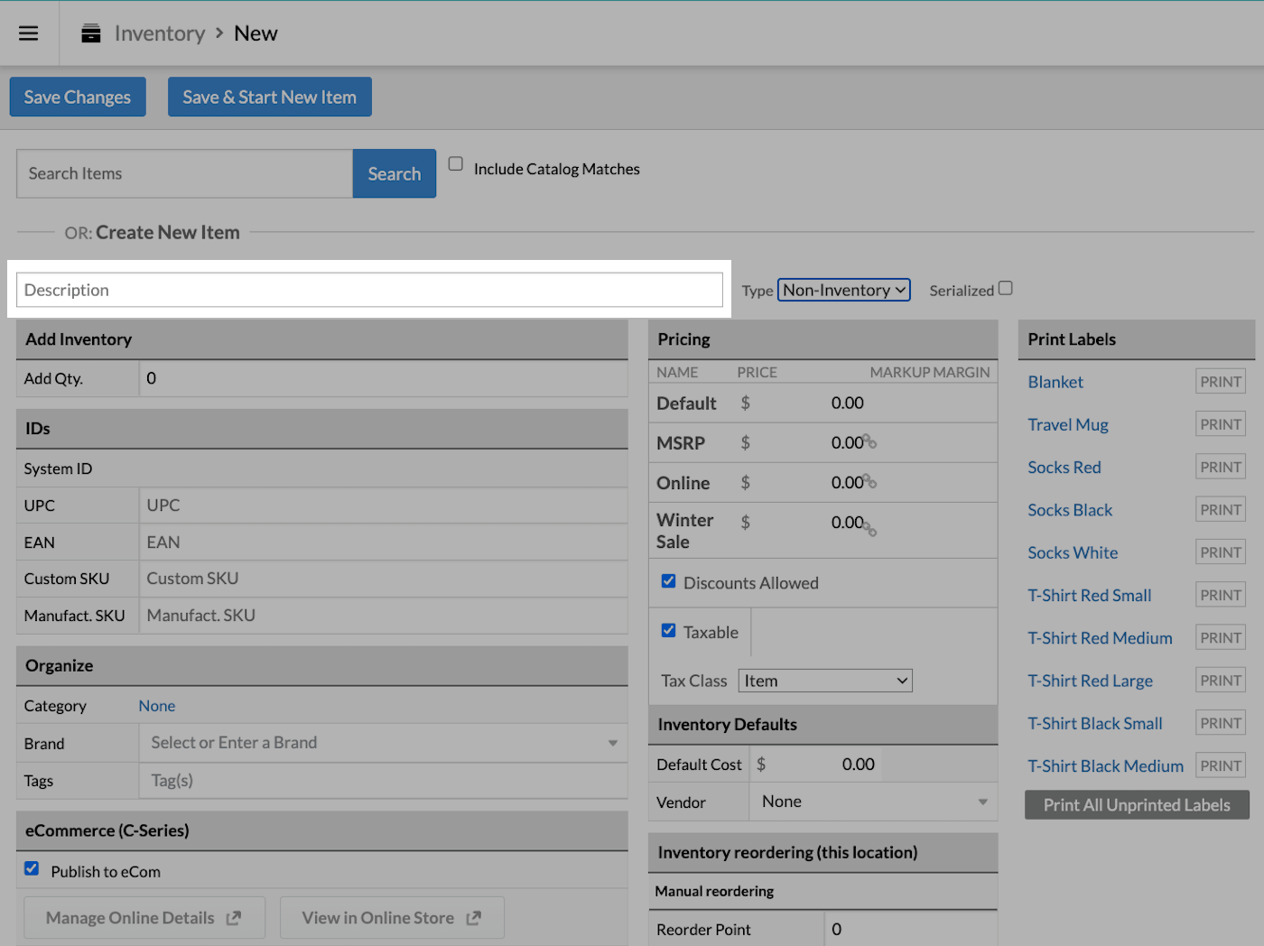 New item page with Description field emphasized.