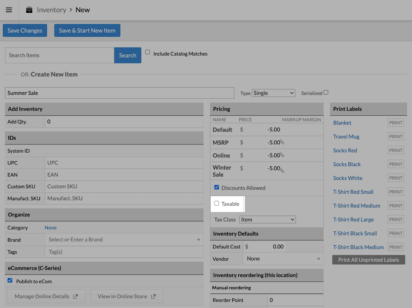 New item page with Taxable box un-checked and emphasized.