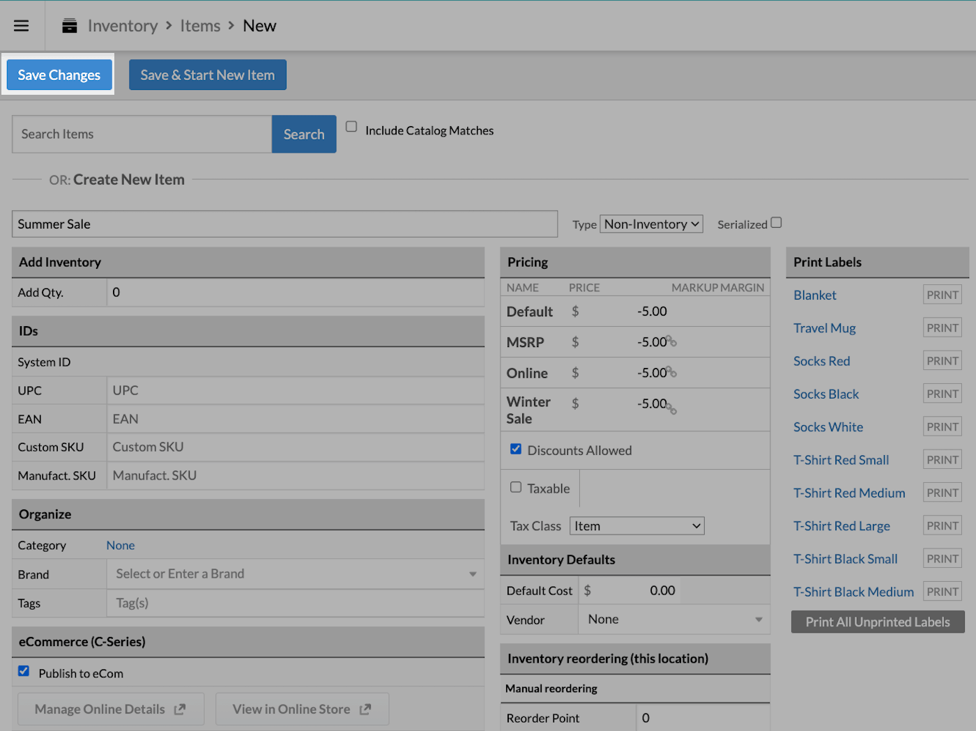 New item page with Save Changes emphasized.
