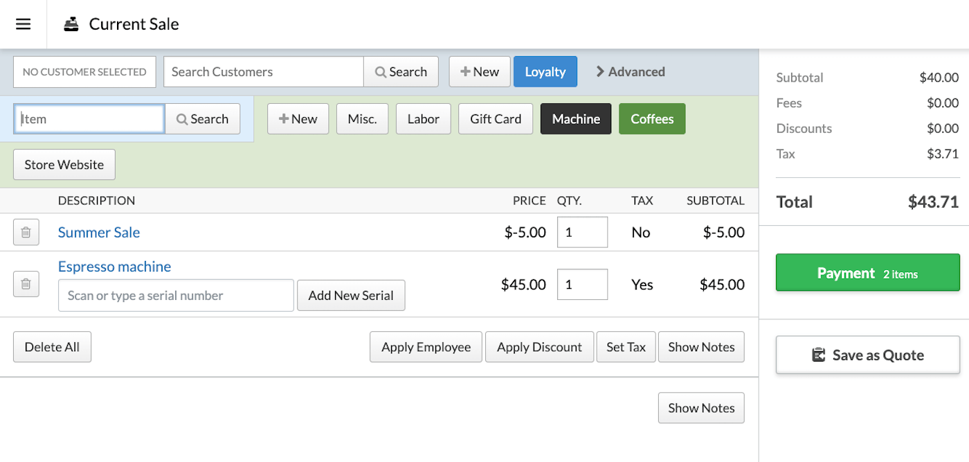 Sale screen with coupon added, showing coupon amount deducted from total cost of the sale.