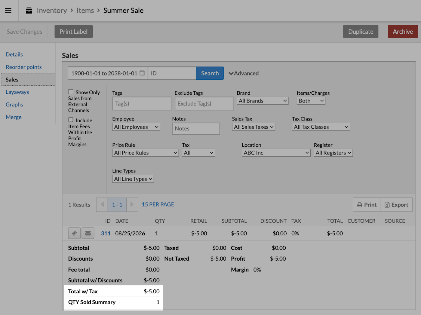 Sales tab with Total w/ Tax and QTY Sold Summary amounts emphasized.