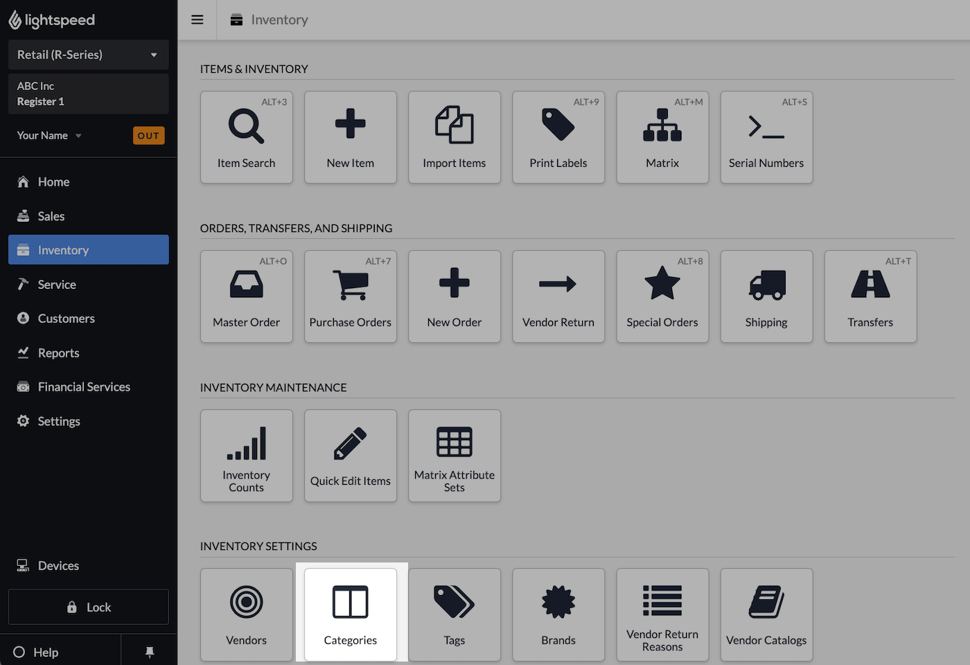 Inventory page with Categories emphasized.