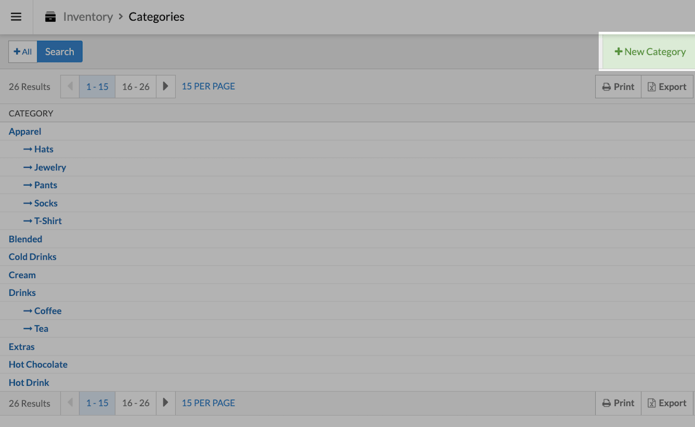 Categories page with + New Category emphasized.