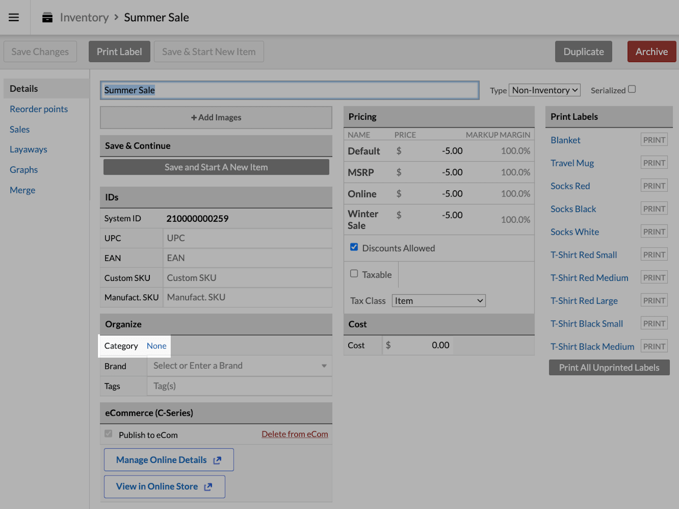 Item page with Category field emphasized.