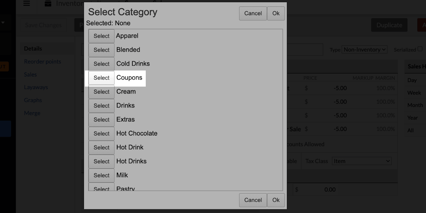 Categories list with Coupons category and Select button emphasized.