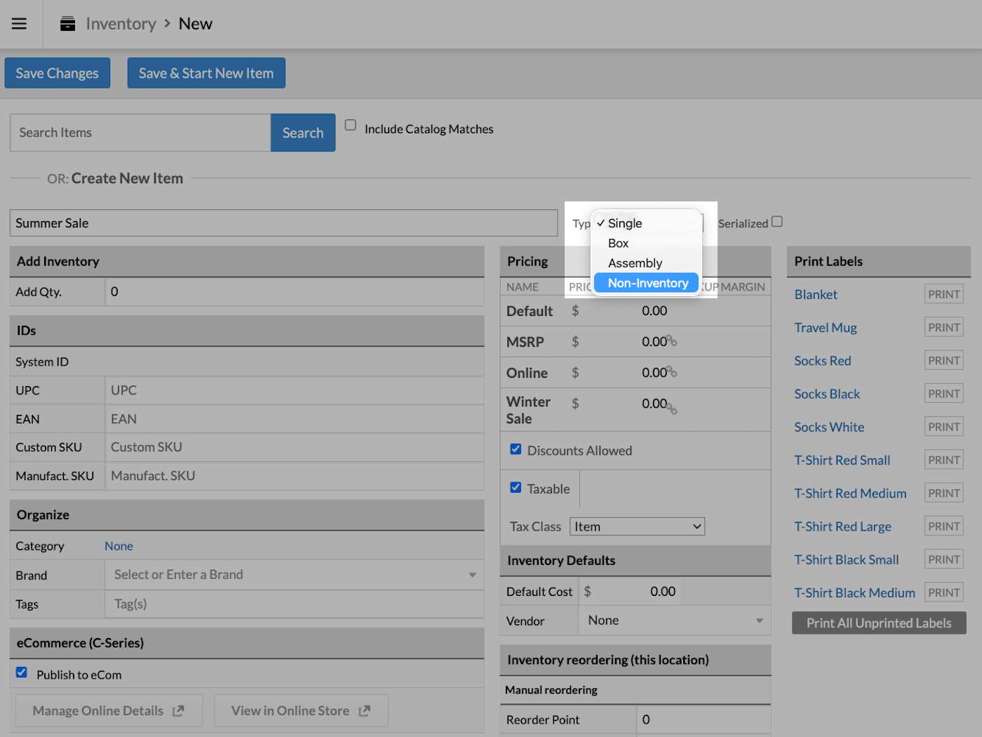 New item page with Type dropdown emphasized and Non-Inventory selected.