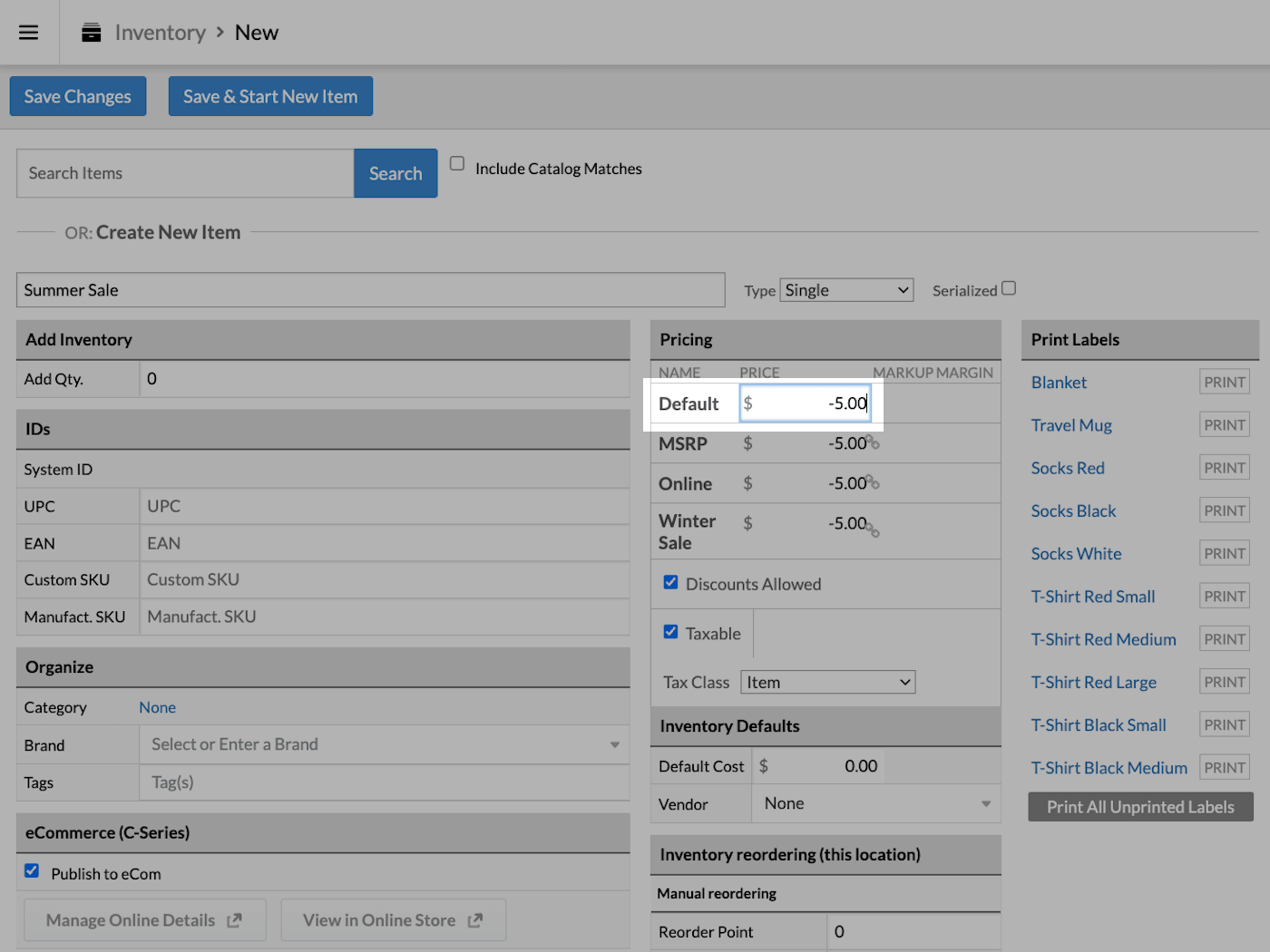 New item page with Default price field emphasized and negative number entered.