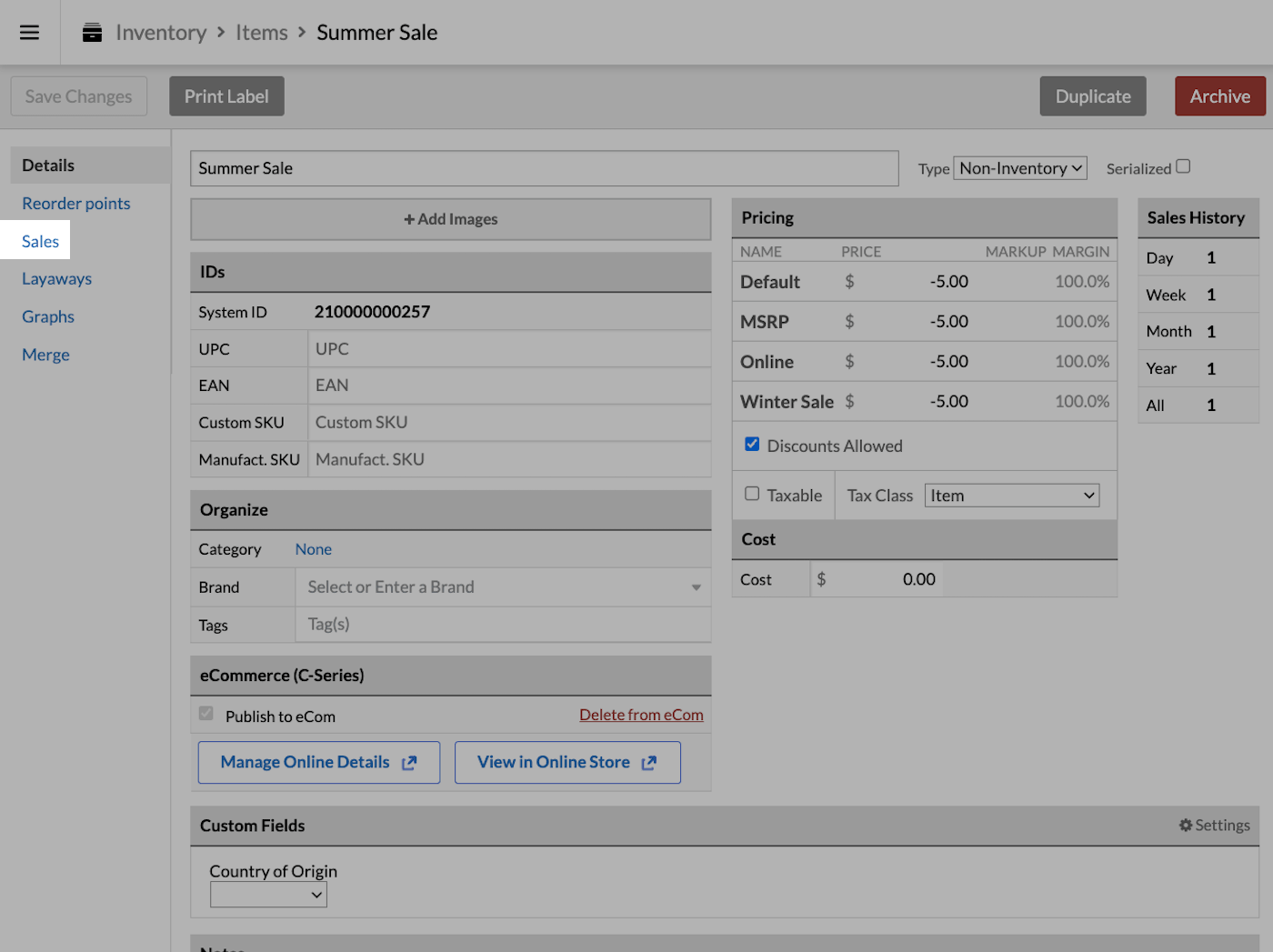 Item page with Sales table emphasized.