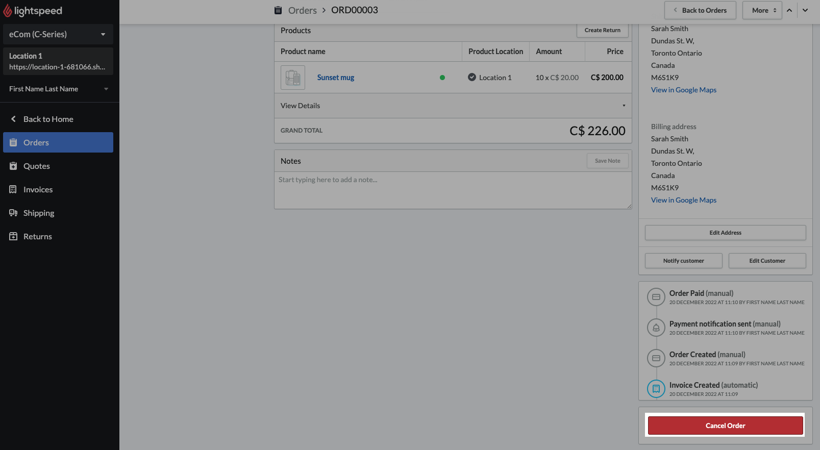 The Cancel order button.