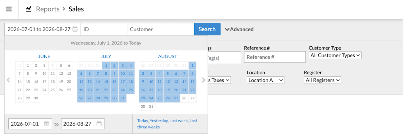 Totals page with date field and date selection tool emphasized.