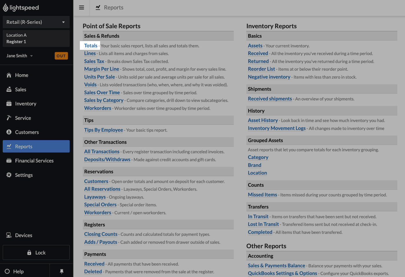Reports page with Totals emphasized.