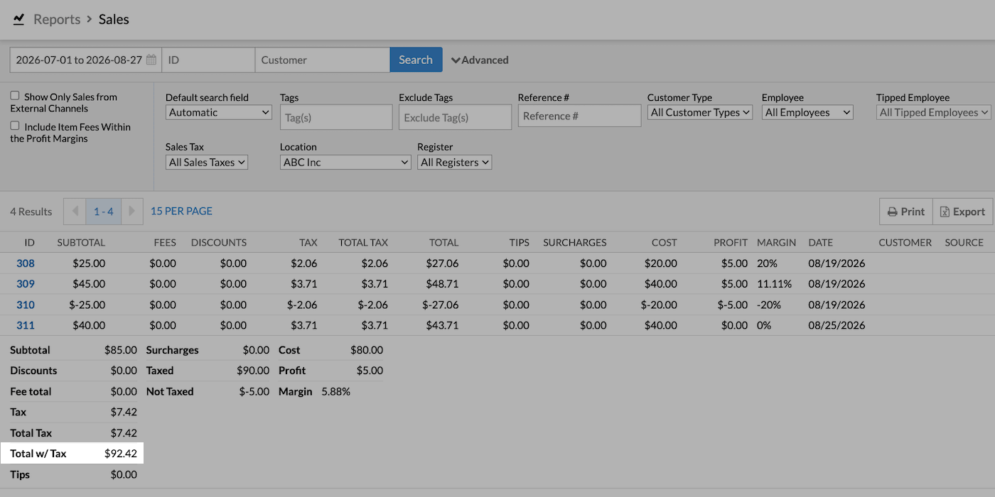 Report with Total w/ Tax amount emphasized.