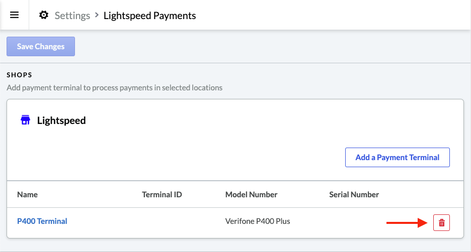 De Lightspeed Payments-pagina met het prullenbakpictogram gemarkeerd.