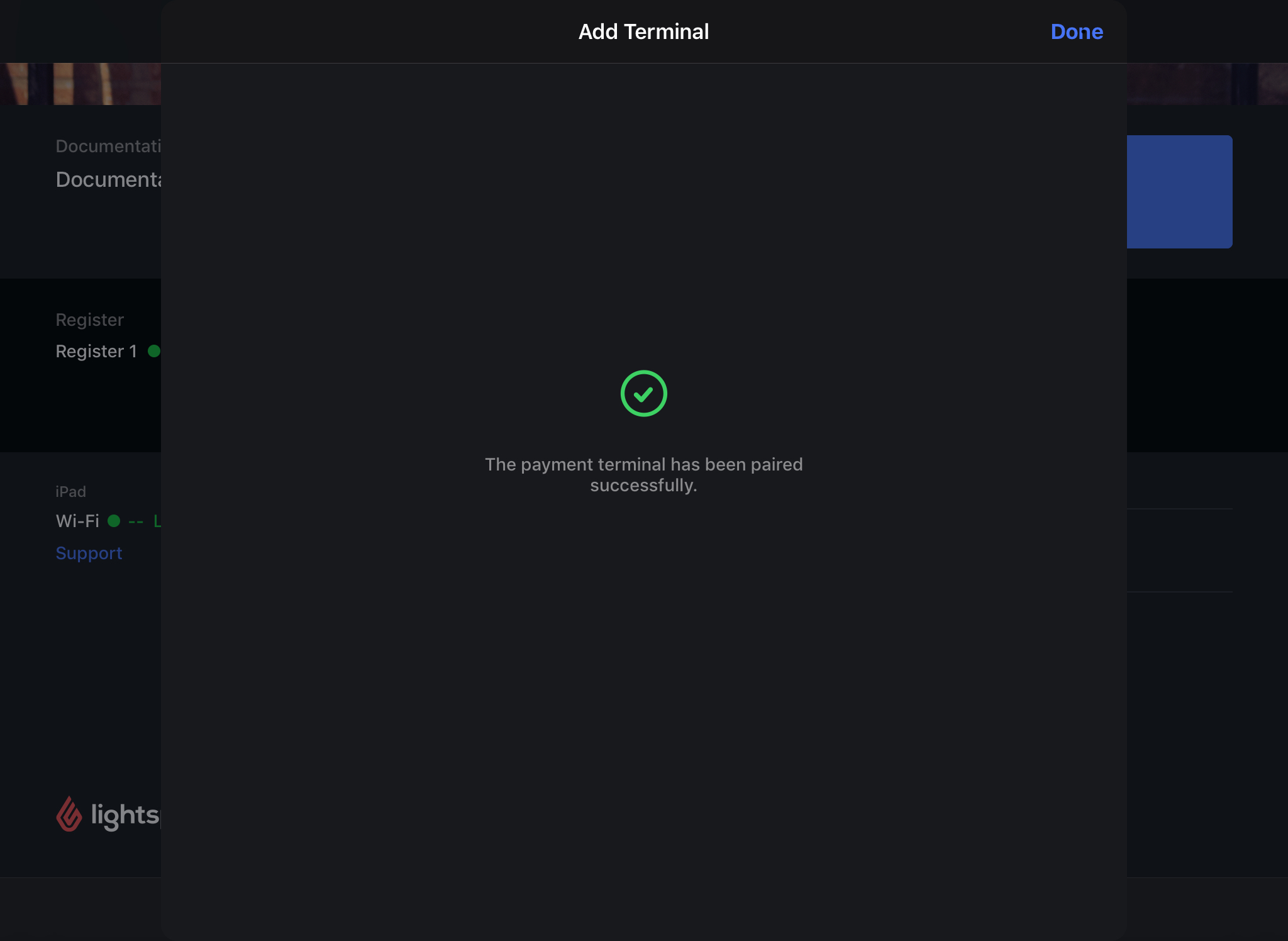 De pop-up 'Terminal toevoegen' met het bevestigingsbericht voor het koppelen.