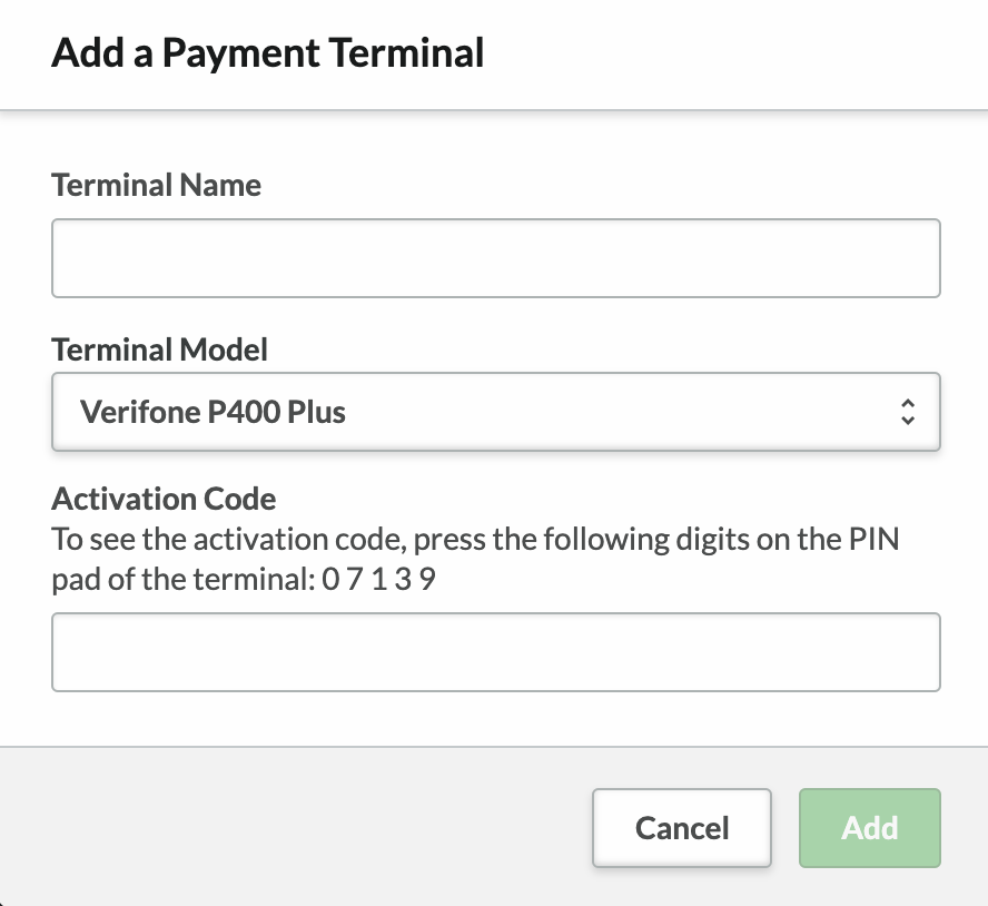 De pop-up 'Een betaalterminal toevoegen' met het veld 'Activatiecode'.