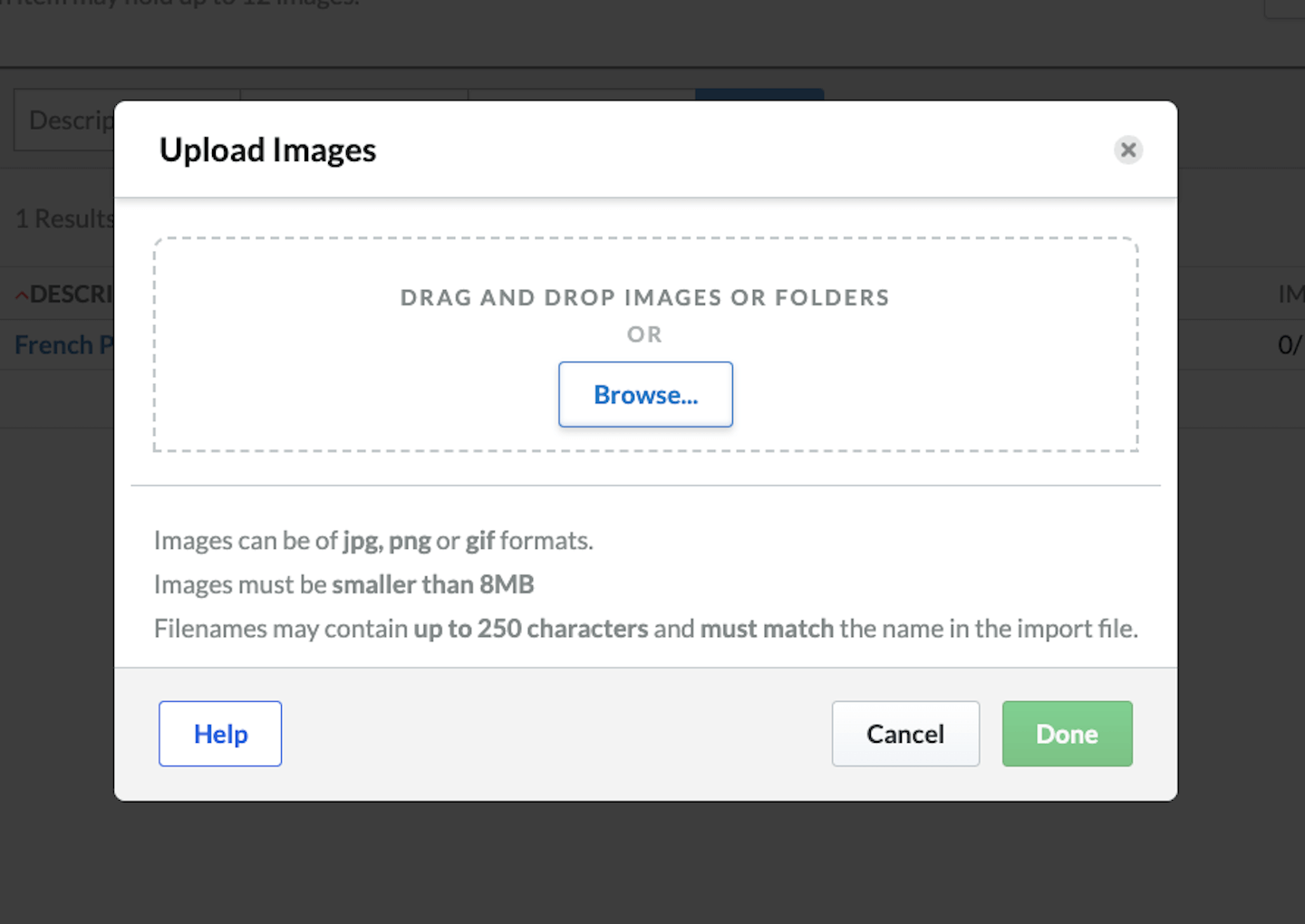 Fenêtre contextuelle avec l'option permettant d'importer des images.