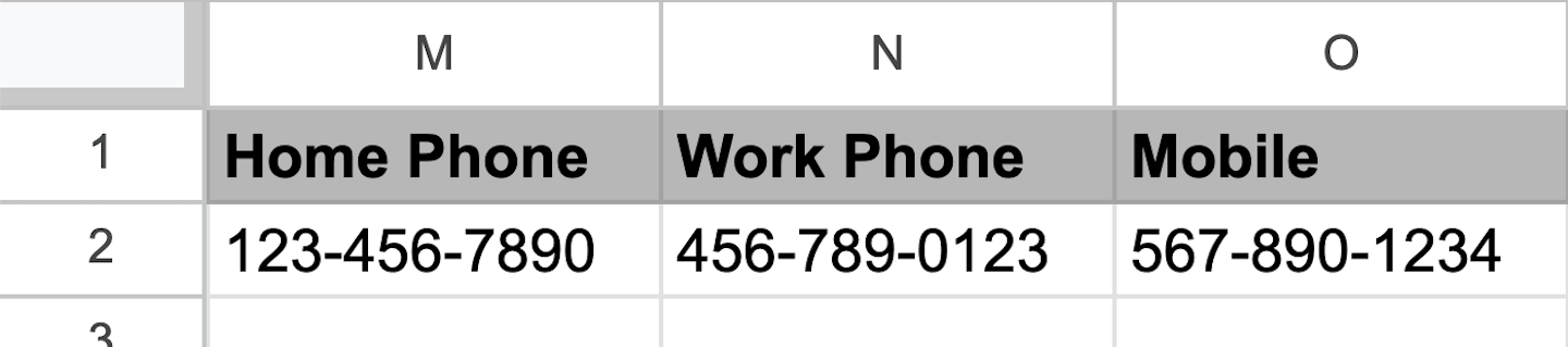 De spreadsheet voor het importeren van klantgegevens met de kolommen Telefoon thuis, Telefoon werk en Mobiel nummer.