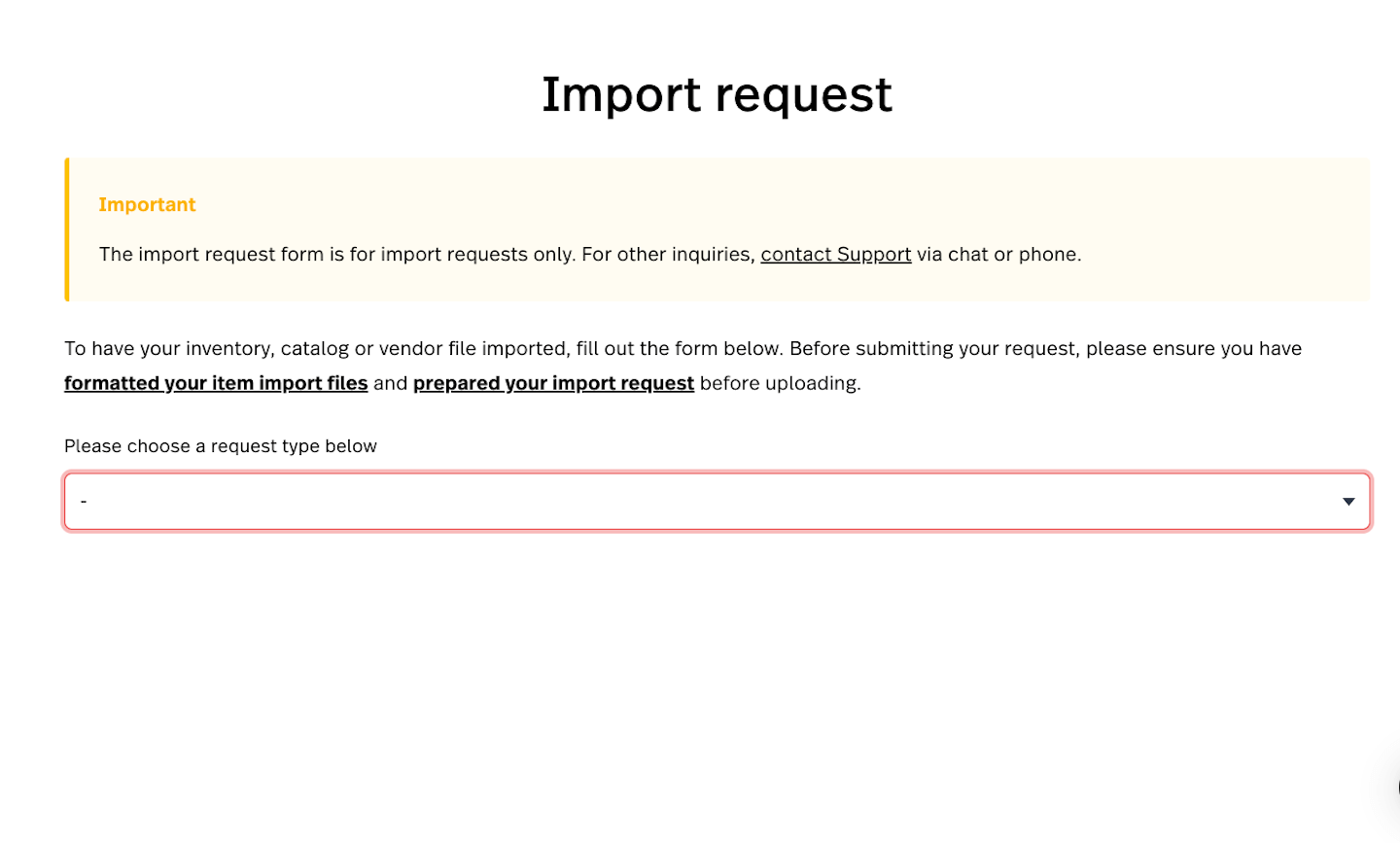 Lightspeed-formulier voor het aanvragen van een import met een vervolgkeuzemenu om het type import te selecteren.
