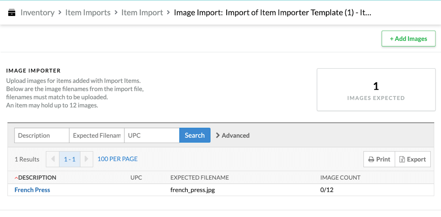 Page d'importation d'images avec une liste d'articles nécessitant des images, les noms de fichiers prévus, le nombre total d'images prévues et l'option 'Ajouter des images'.