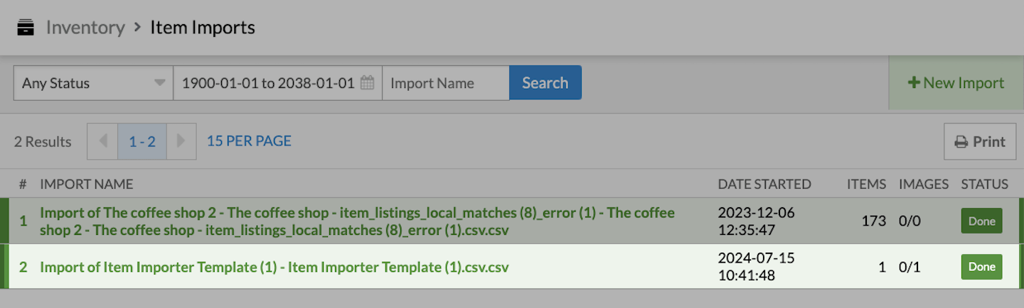Lijst met item-importen waarin de gekozen import is uitgelicht.