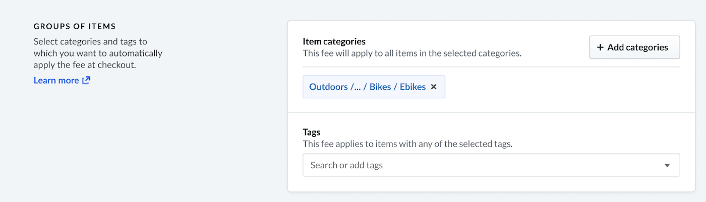 Opties voor artikelcategorieën en tags op de pagina Nieuwe kosten.