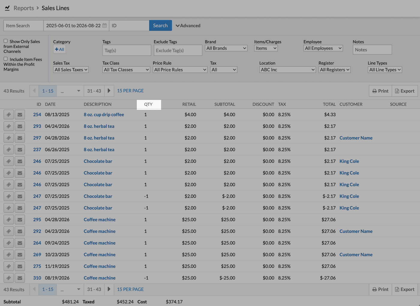 Report page with QTY emphasized.