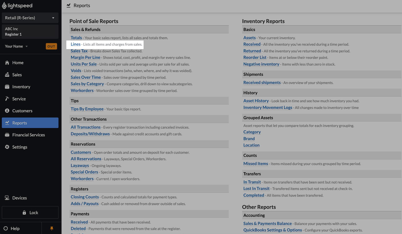 Reports page with Lines emphasized.