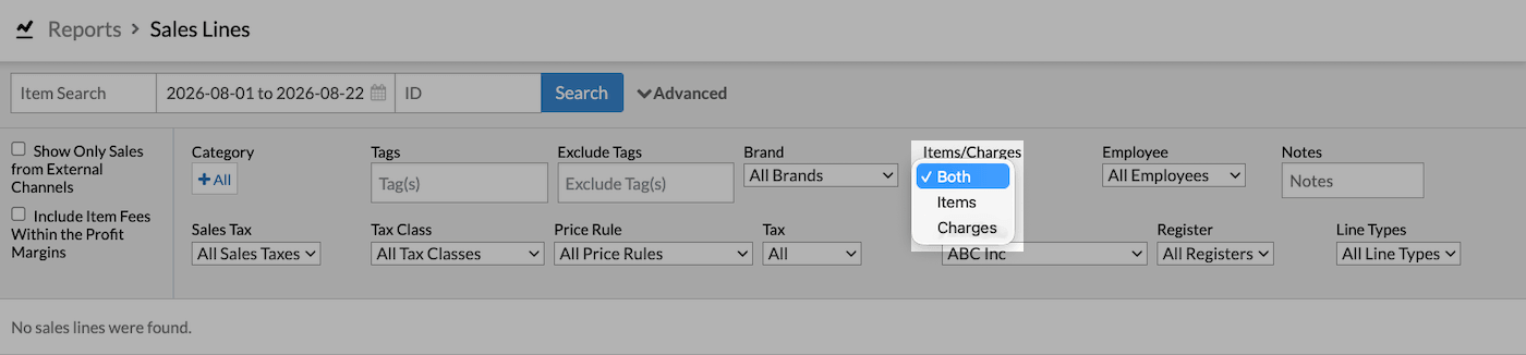 Items/Charges dropdown emphasized.