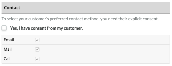 The customer contact section displaying checkboxes for contact methods.