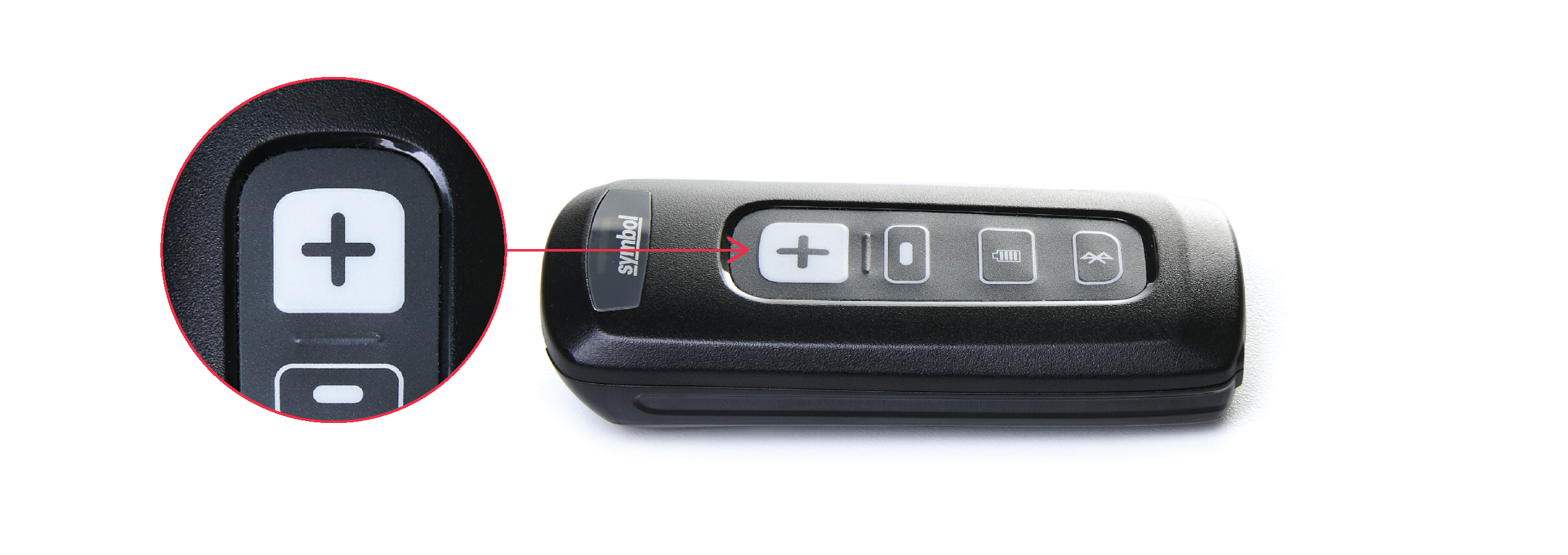 Zebra barcode scanner with an arrow pointing to the scan button.