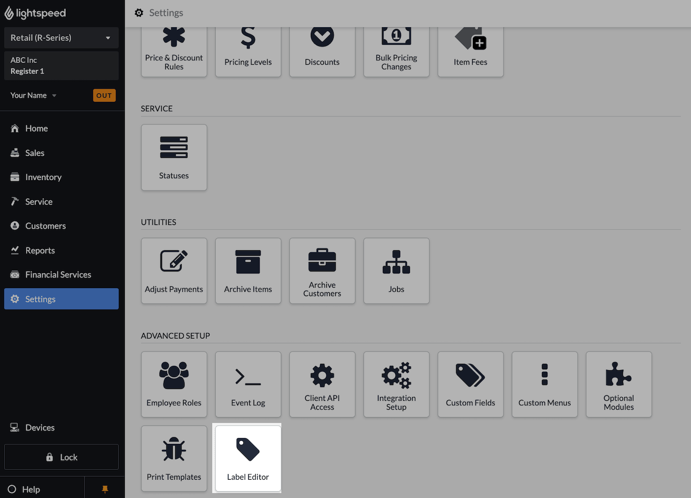 Settings page with Label Editor emphasized.