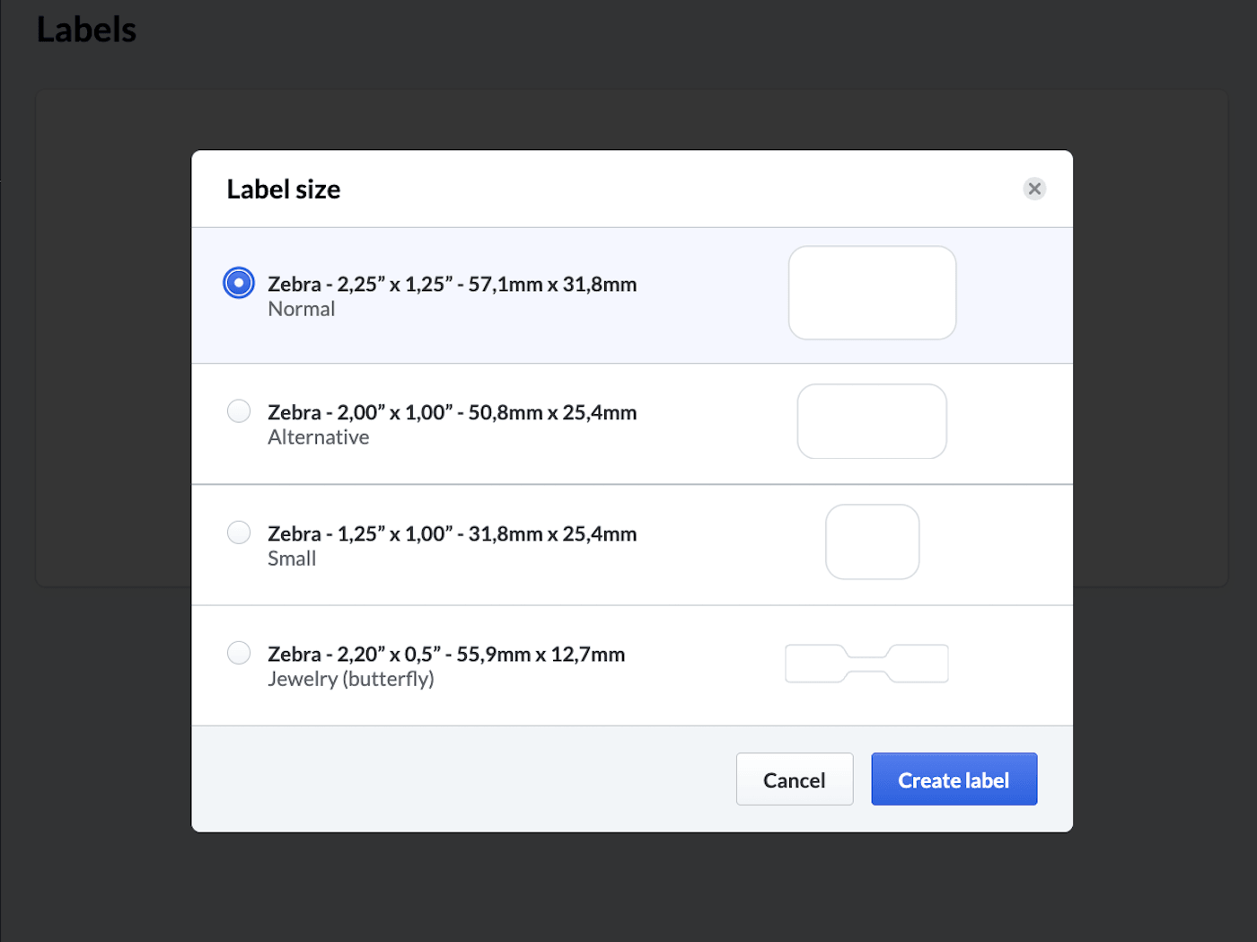 List of label sizes.