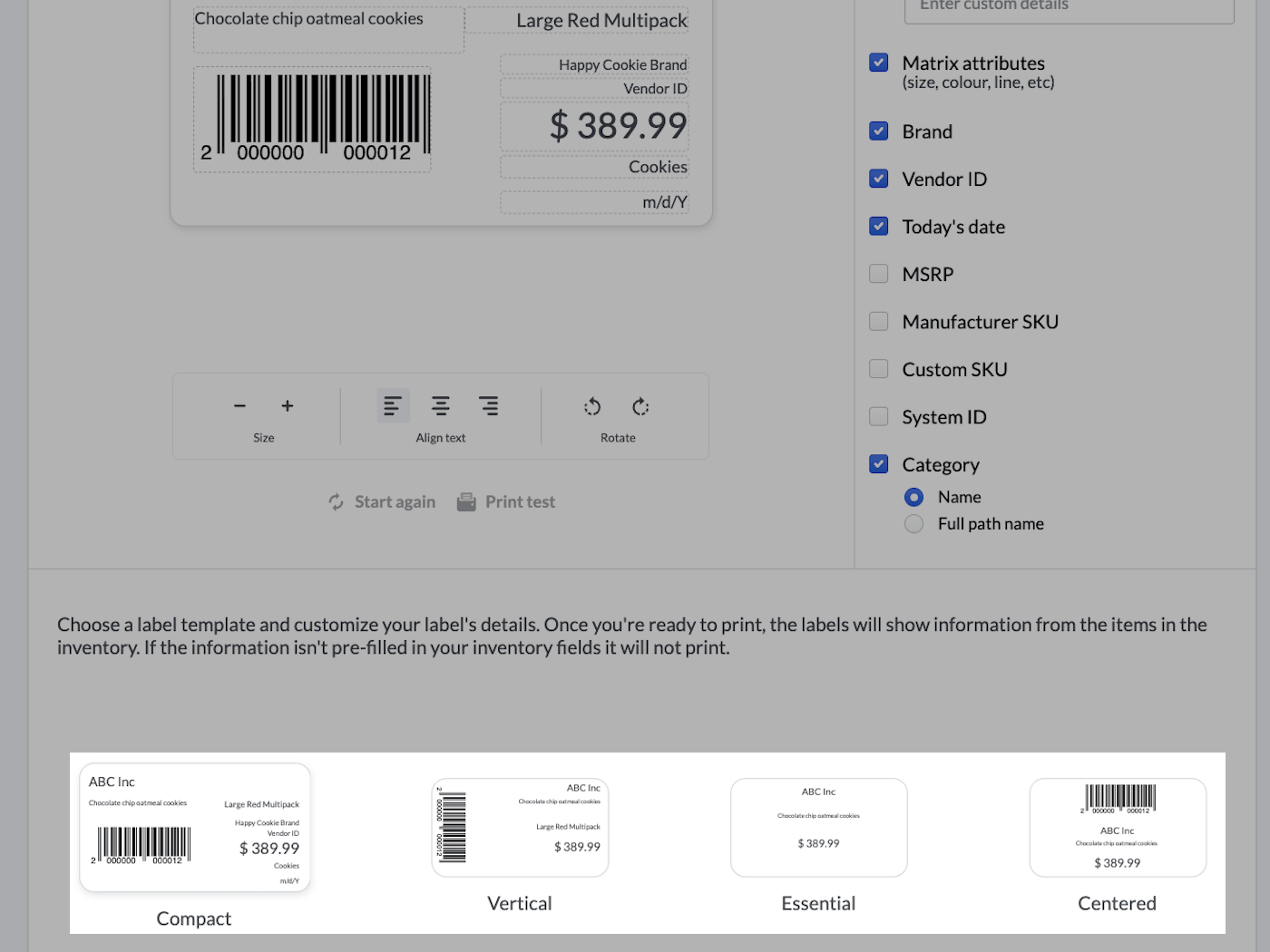 Label editing page with available templates emphasized.
