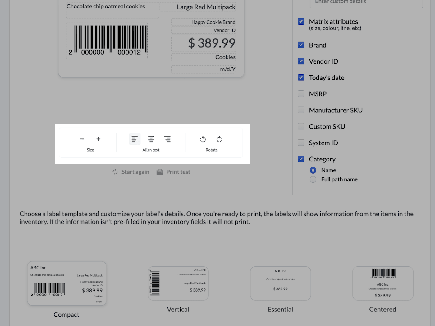 Label editing page with text editor options emphasized.