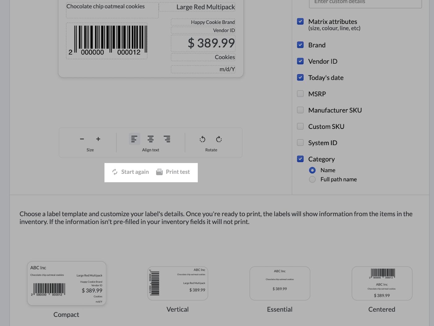 Label editing page with Start again and Print test options emphasized.