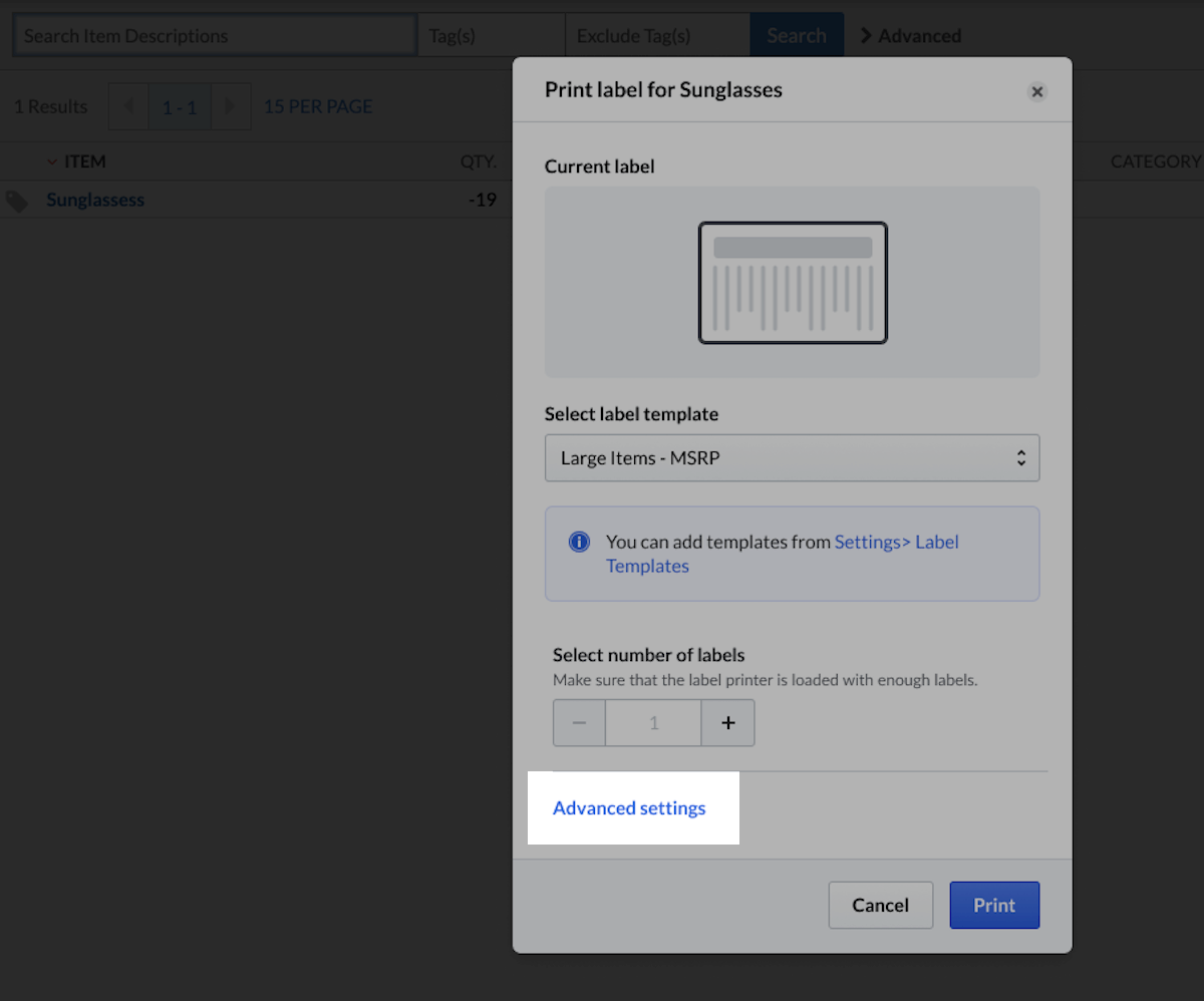 Print label pop-up with Advanced settings emphasized.