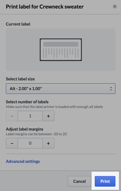 Print label pop-up with Print emphasized.