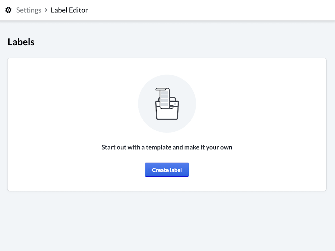 Label editor page showing Create label button.