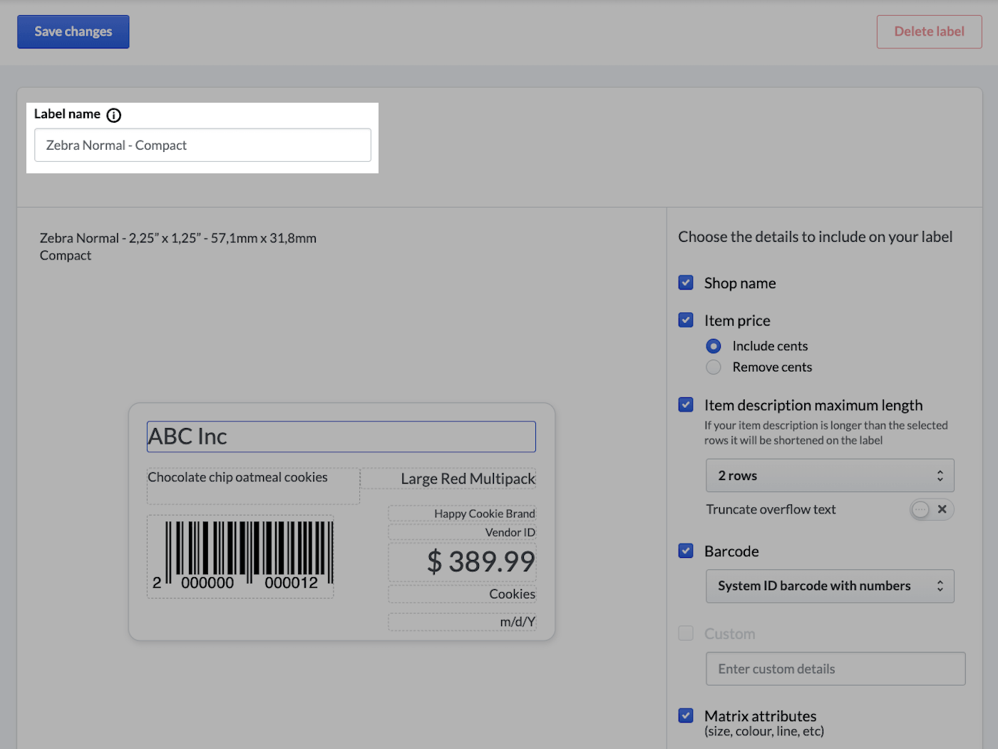 Label editing page with Label name field emphasized.