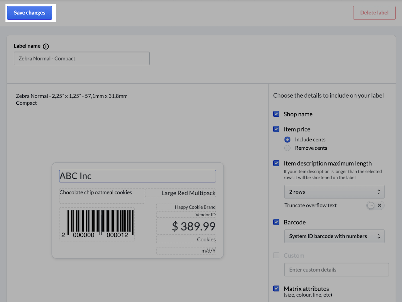 Label editing page with Save changes button emphasized.