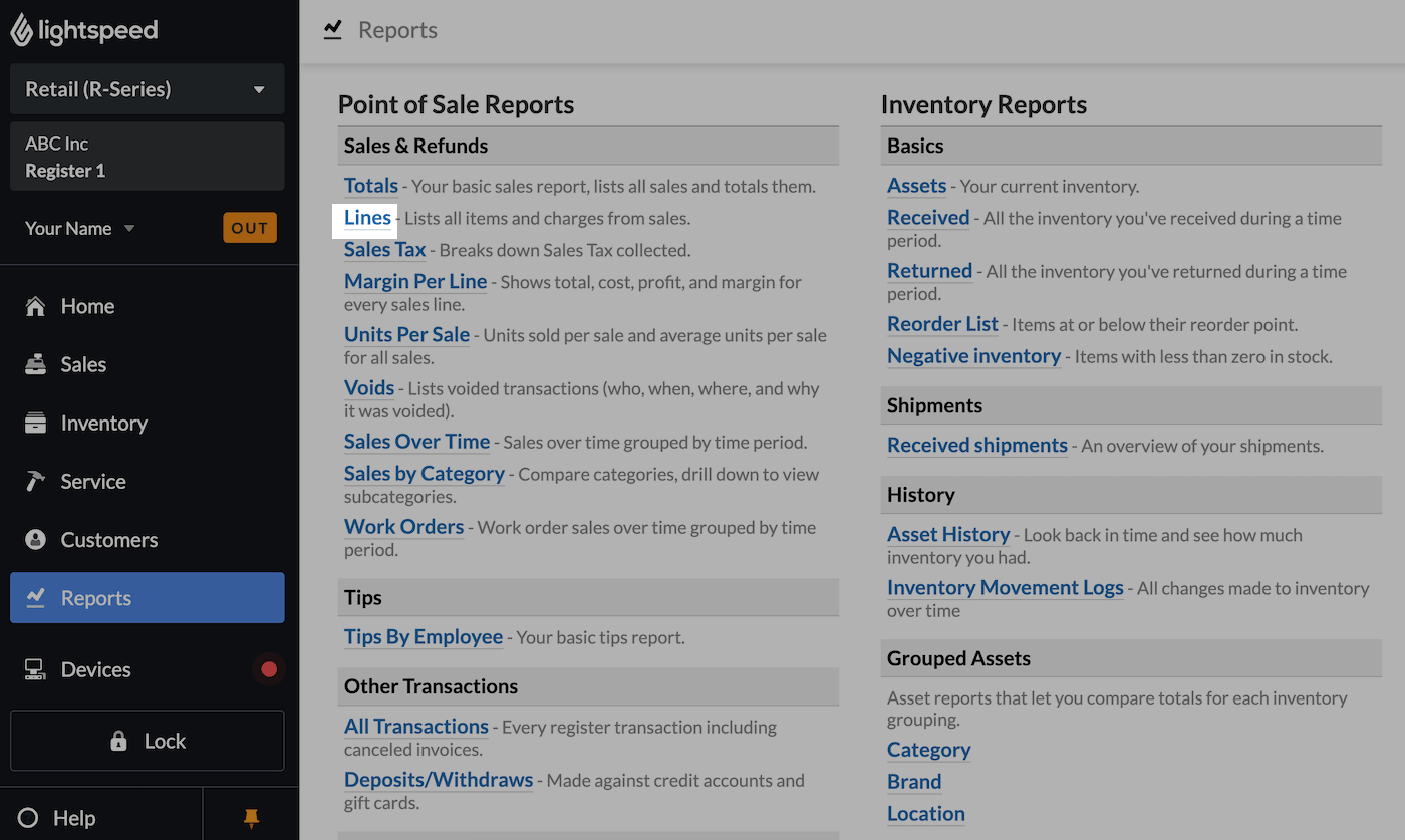 Reports page with Lines highlighted.