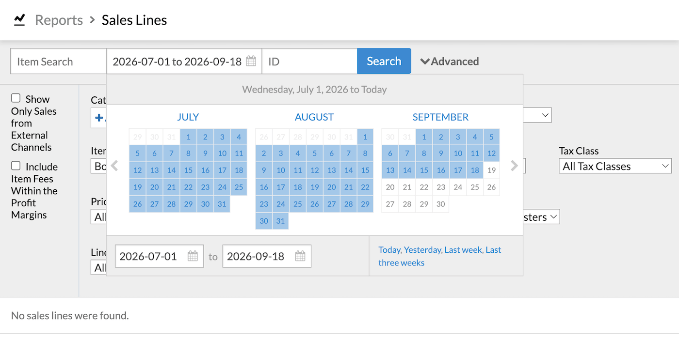Lines page with date range options highlighted.