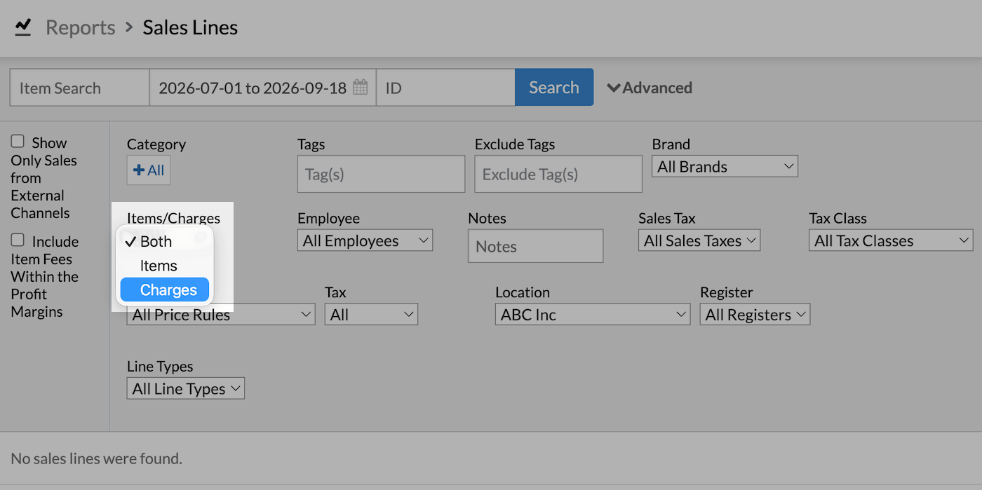 Lines page with Items/Charges dropdown highlighted.