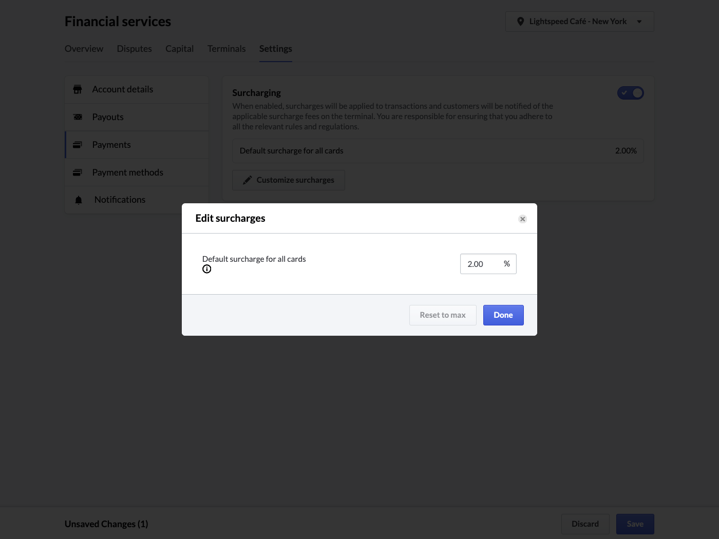 Pop-up allowing the user to customize the surcharge percentage