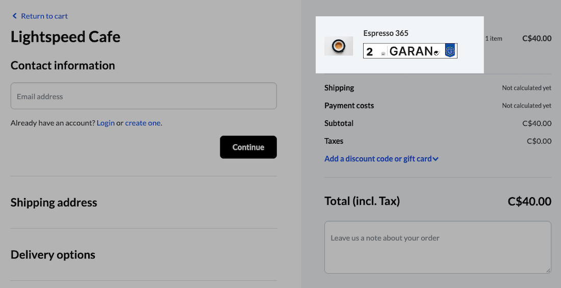 Checkout page with nested GARAN label and associated product highlighted.